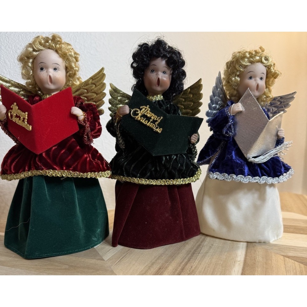 Set of 3 VTG 9" XMAS Choir Angel Tree Topper/Figurines Porcelain Velvet Wings‎